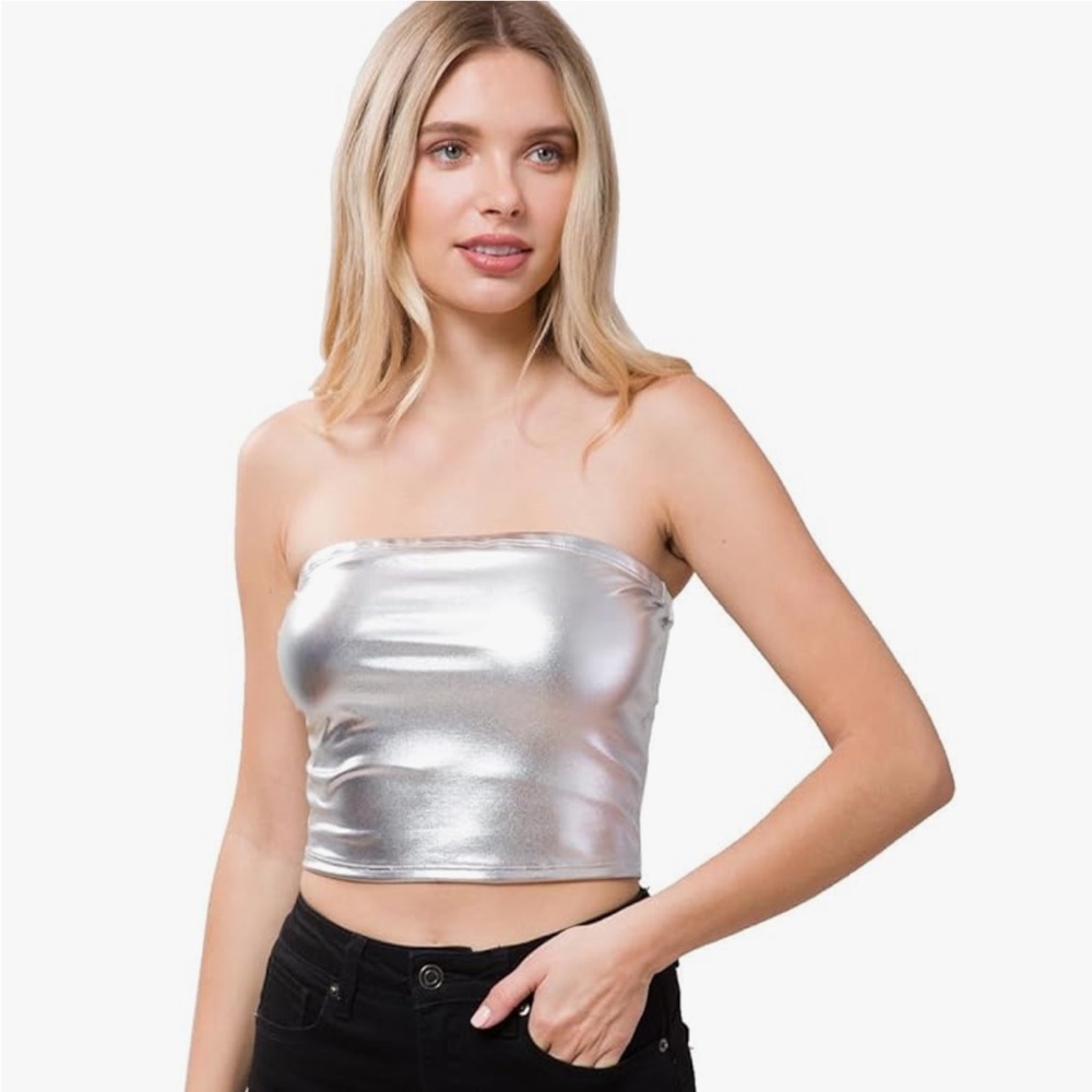 MixMatchy Women's Faux Leather Crop Tube Top Metallic Silver M